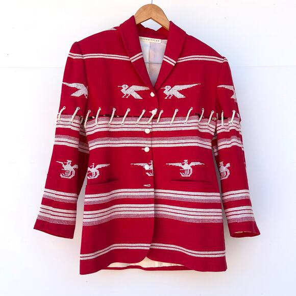 Rare Vintage Richard Tyler Woven Red Bird Statement Jacket Blazer Small 80s - Picture 3 of 12